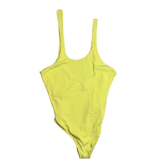 Bardot Pia Asymmetric Ribbed Lemon Yellow Bodysuit Cut Out L US 8 EU 40 - Picture 2 of 9